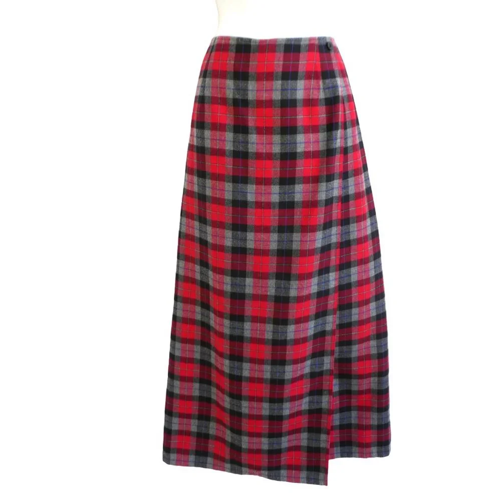 Crazy Horse Liz Claiborne Red Plaid Maxi Skirt Lined Faux Wrap Back Zip 12